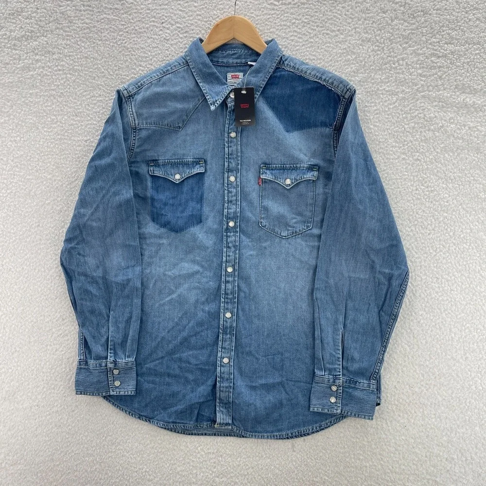 Levis Shirt Mens S Blue Western Denim Pearl Snap Yoke Cowboy Ranch Distressed